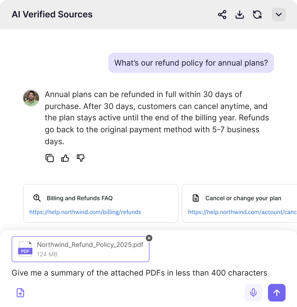 An agent answering a question about the annual plan refund policy, citing the billing FAQ 